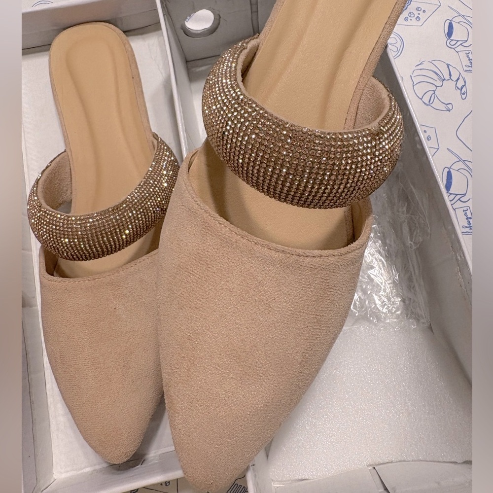 Rhinestone Beige Women's mule flats